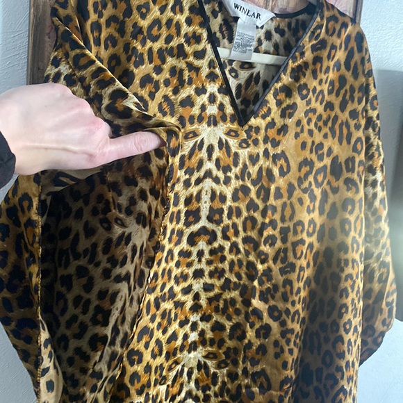 80s 90s VINTAGE BOHO LEOPARD KAFTAN GOWN MAXI DRESS COVERUP LOUNGE ANIMAL PRINT - Picture 12 of 16